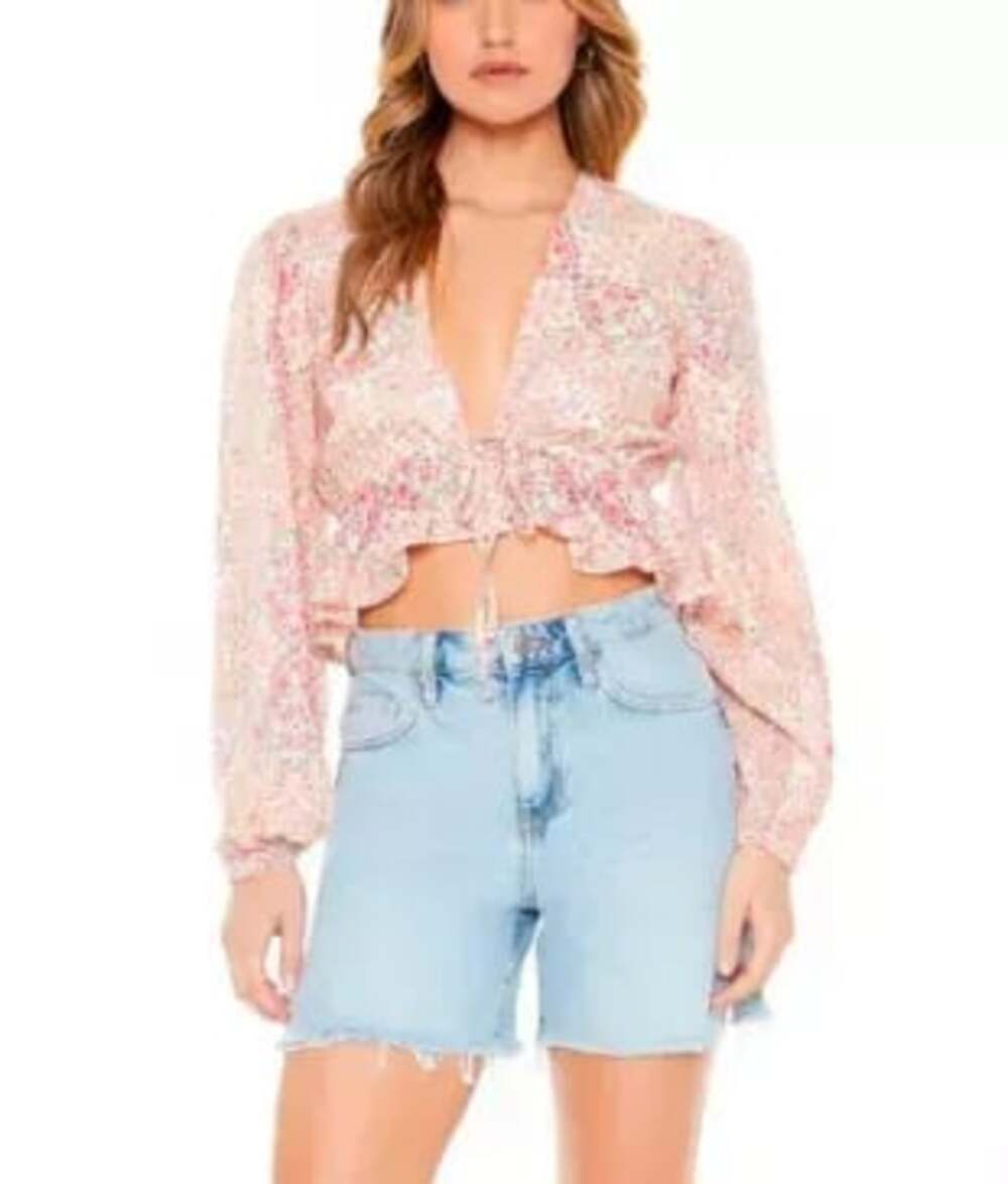 Forever 21 Floral Paisley Tie-Front Long Sleeve Crop Top Size L